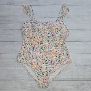 Kona Sol Women's Ditzy Ruffle One Piece Bathing Suit White Floral Print Size L